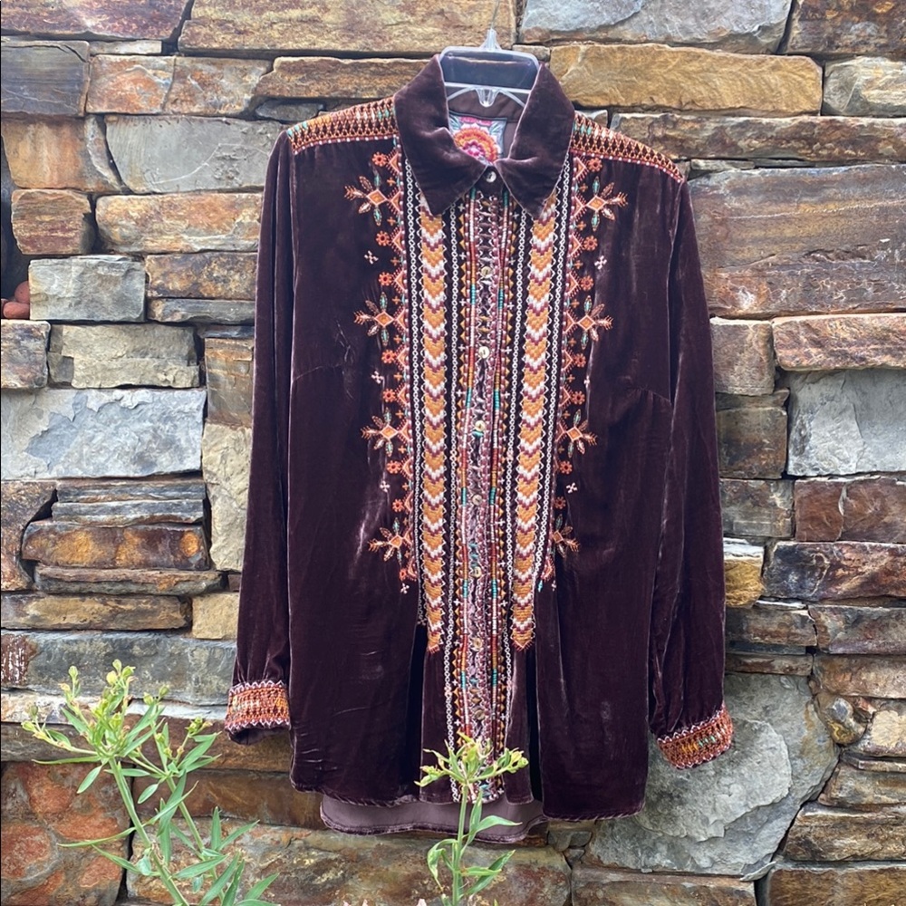 Johnny Was Brown Embroidered Velvet Button Down Shirt